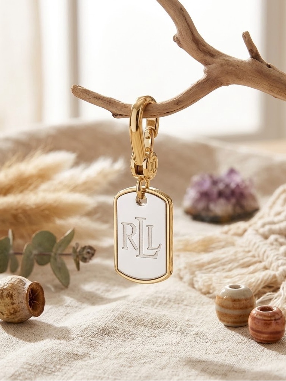 NWT Ralph Lauren Gold & Silver Enamel Dog Tag Key Charm